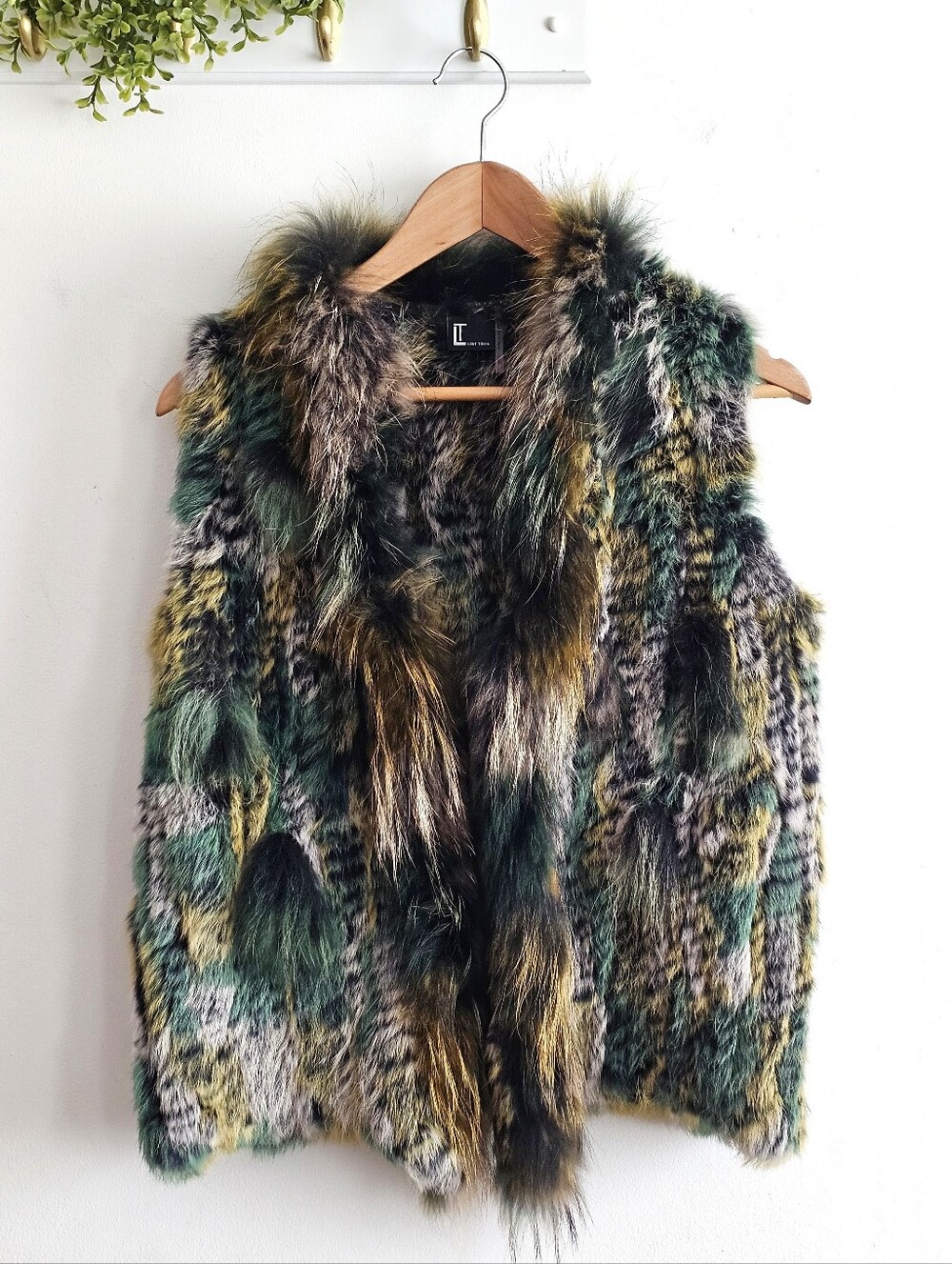 Love Token Genuine Rabbit Fur Vest Dyed Green Raccoon Fur Trim Size Small